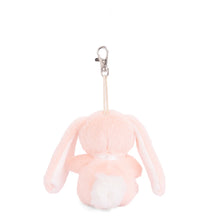 Load image into Gallery viewer, Back view of peach plush bunny bag charm with floppy ears, white round fluffy tail, and silver lobster clasp clip, displayed on a white background.