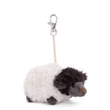 Load image into Gallery viewer, White fluffy sheep bag charm with curly black head, gray face, small tan nose, and silver lobster clip, displayed on a white background. 