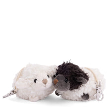 Load image into Gallery viewer, Two small sheep plush bag charms, one white and one black and gray, on a white background.
