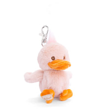 Load image into Gallery viewer, Soft blush pink plush duck bag charm with orange beak and feet, and silver clasp, displayed on a white background.