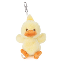 Load image into Gallery viewer, Yellow plush duck bag charm with orange beak and feet, silver clasp, displayed on a white background. 