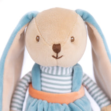 Load image into Gallery viewer, Little Bunny Brothers plush bunny close-up showing beige face with brown stitched facial features, long floppy blue ears with beige interiors, and blue and white striped turtleneck, displayed on a white background. 
