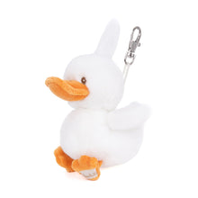 Load image into Gallery viewer, White plush duck bag charm with orange beak and feet and silver clasp, displayed on a white background. 