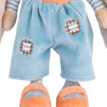 Load image into Gallery viewer, Little Bunny Brothers plush bunny close-up of blue overalls with stitched patch details and orange shoes, displayed on a white background.