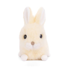 Load image into Gallery viewer, Baby bunny plush in vanilla with soft coat, crouching position, upright ears with white interiors, white muzzle and feet, tan stitched nose, and dark bead eyes, displayed on a white background.