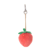 Load image into Gallery viewer, Red plush strawberry bag charm with  green leaves, yellow seed details, tan cord, and silver clip, displayed on a white background. 