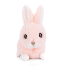Load image into Gallery viewer, Baby bunny plush in peach with soft coat, crouching position, upright ears with white interiors, white muzzle and feet, tan stitched nose, and dark bead eyes, displayed on a white background.