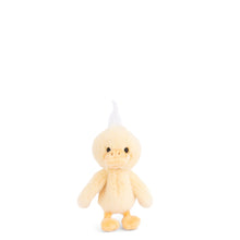 Load image into Gallery viewer, Dougie small plush duck in yellow with soft coat, upright white head tuft, yellow beak and feet, black bead eyes, displayed on a white background. 