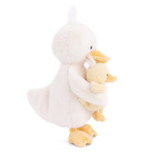 Load image into Gallery viewer, Dougie and Mama plush ducks with soft coats, featuring a larger white duck  embracing a smaller yellow duck, both with yellow beaks and feet, black bead eyes, and head tufts, shown from side view, displayed on a white background. 