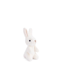 Load image into Gallery viewer, Sunny small plush bunny in white with soft coat, upright ears with pale pink interiors, tan stitched nose and black bead eyes, displayed on a white background.