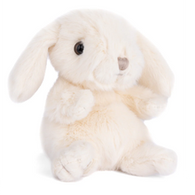 Load image into Gallery viewer, Kanini hand-sized plush bunny in white with soft coat, floppy ears, tan stitched nose with brown and black bead eyes, displayed on a white background. 