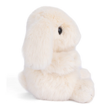 Load image into Gallery viewer, Kanini hand-sized plush bunny in white shown from side angle with soft coat and floppy ears, brown and black bead eyes, displayed on a white background.
