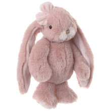 Load image into Gallery viewer, Junior Kanini plush bunny in antique pink with soft coat, floppy ears with lighter interiors and white muzzle, matching bow, tan stitched nose with black eyes, displayed on a white background. 