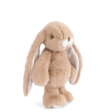 Load image into Gallery viewer, Junior Kanini plush bunny in taupe with soft coat, floppy ears with white interiors and muzzle, tan stitched nose with black  eyes, displayed on a white background. 