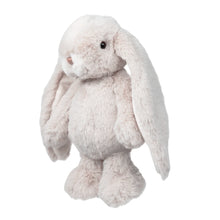 Load image into Gallery viewer, Junior Kanini plush bunny in gray with soft coat, floppy ears with white interiors and muzzle, light tan stitched nose with black eyes, displayed on a white background. 