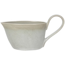 Load image into Gallery viewer, Aquarius Sage stoneware gravy boat with reactive glaze, curved handle, and spout, displayed on a white background. 