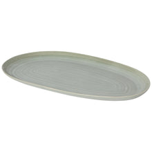 Load image into Gallery viewer, Aquarius Sage stoneware small oval platter with reactive glaze and concentric line pattern, angled view on a white background.