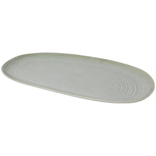 Load image into Gallery viewer, Aquarius Sage stoneware large oval platter with reactive glaze and concentric line pattern, displayed on a white background.