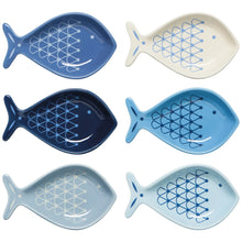 Load image into Gallery viewer, Averio stoneware fish-shaped pinch bowls set of 6 in assorted blue and white patterns on a white background.
