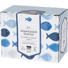 Load image into Gallery viewer, Aveiro stoneware fish-shaped pinch bowls set of 6 in packaging with blue fish pattern, displayed on a white background. 