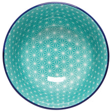 Load image into Gallery viewer, Blue Waves porcelain pinch bowl with blue rim and teal interior with white geometric pattern on a white background. 