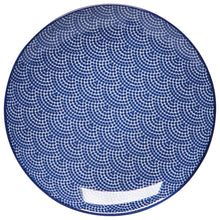 Load image into Gallery viewer, Blue Waves porcelain appetizer plate with blue stamped dot wave pattern and blue rim on a white background.