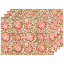 Load image into Gallery viewer, Set of four Zinnia block-printed cotton placemats with pink and peach floral and white vine pattern on an olive background, stacked view, displayed on a white background. 