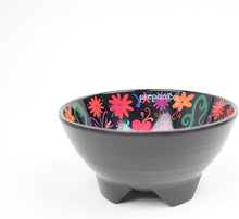 Load image into Gallery viewer, Day of the Dead Taco Prep Bowl, black melamine bowl with colorful floral interior, raised footed base, against white background.  