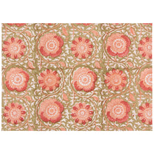 Load image into Gallery viewer, Zinnia block-printed cotton placemat with pink and peach floral and white vine pattern on an olive background, displayed on a white background.