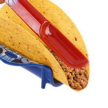 Load image into Gallery viewer, Taco Spoon, vibrant red floral melamine taco spoon with taco shell and seasoned meat filling, displayed on blue taco holder against white background. 