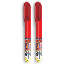 Load image into Gallery viewer, Taco Spoon, set of two vibrant red floral melamine taco spoons with multicolor patterned handles, against white background. 