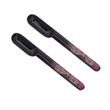 Load image into Gallery viewer, Taco Spoon, set of two back melamine taco spoons with aqua sugar skull and colorful floral patterned handles, against white background. 