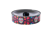 Load image into Gallery viewer, Day of the Dead, melamine round black tortilla warmer with aqua sugar skull and colorful floral design, and black fitted lid, against white background. 