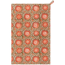 Load image into Gallery viewer, Zinnia Block Print Dishtowel, cotton towel with hand block-printed floral pattern in coral and pink on an olive background, featuring a hanging loop, displayed on a white background. 