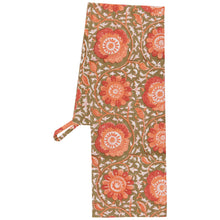 Load image into Gallery viewer, Zinnia Block Print Dishtowel, folded cotton towel with hand block-printed floral pattern in coral and pink on an olive background, featuring a hanging loop, displayed on a white background.