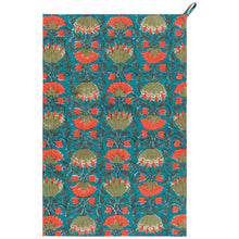Load image into Gallery viewer, Allure Block Print Dishtowel, cotton towel with hand block-printed floral pattern in coral and olive on a teal background, featuring a hanging loop, displayed on a white background. 