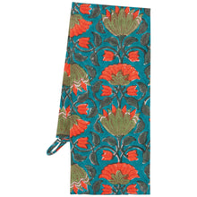 Load image into Gallery viewer, Allure Block Print Dishtowel, folded cotton towel with hand block-printed floral pattern in coral and olive on a teal background, featuring a hanging loop, displayed on a white background. 