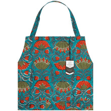 Load image into Gallery viewer, Allure Block Print Apron, cotton apron with hand block-printed floral pattern in coral and olive on a teal background, featuring a neck strap, displayed on a white background. 