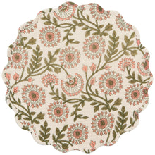 Load image into Gallery viewer, Thicket Placemat, cotton placemat with botanical floral pattern in peach and olive on a cream background with scalloped border, displayed on a white background.