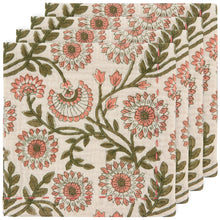 Load image into Gallery viewer, Thicket Double Weave Napkins, set of four, cotton napkins with floral pattern in peach and olive on a cream background with Kanthan-style stitching, displayed overlapping on a white background.  