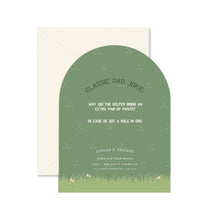 Load image into Gallery viewer, Fore Dad Father's Day Greeting Card, back of arched green greeting card with printed dad joke text, subtle crossed golf clubs pattern, grass bottom border, and ivory envelope, against white background.