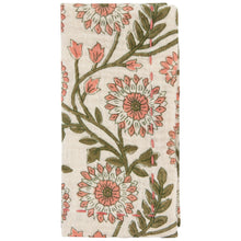 Load image into Gallery viewer, Thicket Double Weave Napkin, cotton napkin with floral pattern in peach and olive on a cream background with Kanthan-style stitching, shown folded in close-up detail, on a white background.  