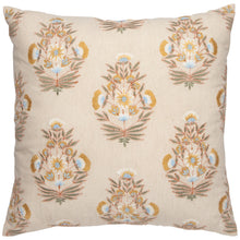 Load image into Gallery viewer, Tansy Pillow, cotton linen blend pillow with block print floral pattern and embroidered embellishments in blue, gold, and brown on a cream background, displayed on a white background.