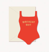 Load image into Gallery viewer, Birthday Suit Flat Greeting Card, swimsuit-shaped greeting card in bright coral with gold Birthday Suit text, and ivory envelope, displayed on white background. 