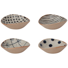 Load image into Gallery viewer, Unite Element Dipping Dishes set, four stoneware dishes with reactive glaze and varied black patterns (diamond, stripe, crosshatch, and dot) on cream speckled interiors, beige textured exteriors, and tan rims, displayed on a white background. 