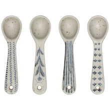 Load image into Gallery viewer, Element mini spoons, set of four, stoneware with assorted blue patterns including dash, floral, stripe, and geometric designs,  displayed on a white background. 