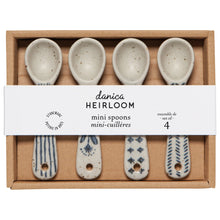 Load image into Gallery viewer, Element mini spoons, set of four, stoneware with assorted blue patterns in packaging box, displayed on a white background.
