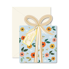 Load image into Gallery viewer, Happy Birthday Present Card, present-shaped greeting card with illustrated light blue background, orange, pink, and golden floral gift wrap design, cream bow and ribbon, Happy Birthday tag, and ivory envelope, displayed on white background.  