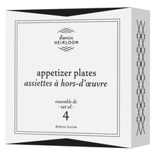 Load image into Gallery viewer, Danica Heirloom Porto stamped appetizer plates set of four white packaging box with black text.  