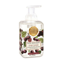 Load image into Gallery viewer, Michel Design Works Dark Cherry foaming hand soap pump bottle with gold seal, featuring cherry fruit and botanical label design against a white background. 